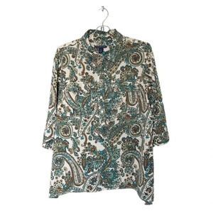 Westbound Paisley Dressy Tunic Blouse 3/4 Sleeve Teal Brown Women’s Petite Large